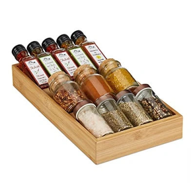 Image of Relaxdays Spice Rack for The Drawer, with 3 Tiers, Made from Bamboo, Seasoning Organiser, 20x37x5cm, Natural Wood Look, 5x20x37 cm
