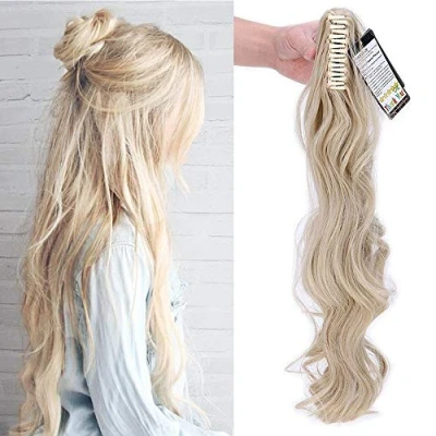 Image of 24&quot; Inch Ponytail Hair Extension Clip In With Jaw/Claw Synthetic Hairpieces For Women [Ash Blonde Mix Bleach Blonde] Curly