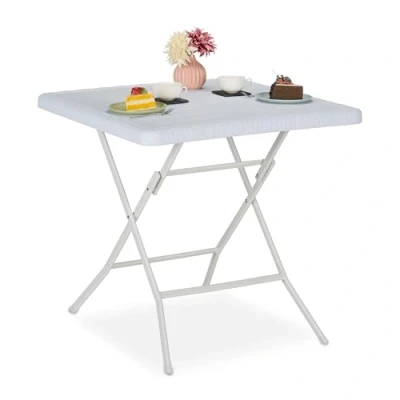 Image of Relaxdays Garden Table Wood Look, Square, HxWxD: 74 x 78 cm, Balcony, Plastic, Metal, Outdoor, Camping, White