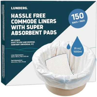 Image of Lunderg Commode Liners with Absorbent Pads Value Pack Medical Grade 150 Count Universal Fit Disposable Bedside and for Adult Chairs, Portable &amp; Camping Toilet Bags