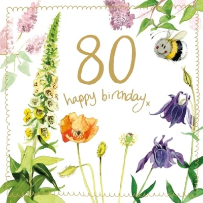 Image of Alex Clark Bee Birthday Foil Card 80th birthday, 80 year old Bees Floral Nature Plants Greeting Cards To Celebrate Designed and Printed in the UK…