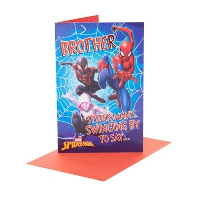 Image of UK Greetings Marvel Spider Man Birthday Card for Brother Multiple Suits Design