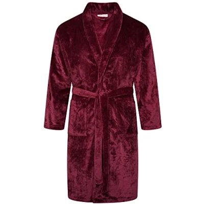 Image of Adore Home Mens Flannel Fleece Bathrobe Warm Soft Dressing Gown Bath Robe Shawl Collar, Aubergine, L XL