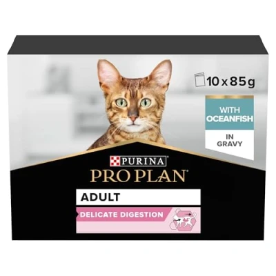 Image of PRO PLAN® Adult 1+ DELICATE DIGESTION with Ocean Fish in Gravy Wet Cat Food Pouches 10x85g, Pack of 4