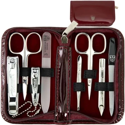 Image of 3 Swords Germany brand quality 8 piece manicure pedicure grooming kit set with burgundy synthetic leather case Made by