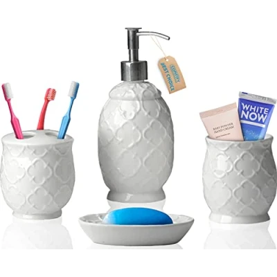 Image of Designer 4 Piece Bathroom Accessory Set Ceramic Bath w/Liquid Soap or Lotion Dispenser, Toothbrush Holder, Tumbler and Dish Decorative w/Embossed Details Modern Vanity Accessories