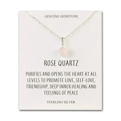 Image of Philip Jones Sterling Silver Rose Quartz Gemstone Necklace with Quote Card