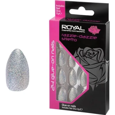 Image of Royal Cosmetics 24 glue on false Nails Razzle Dazzle Stiletto, acrylic false/fake nails, stick with included.