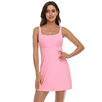 Image of HDE Womens Exercise Workout Dress with Built in Shorts Sleeveless Athletic Dresses for Golf Tennis, Pink W/Bra, M