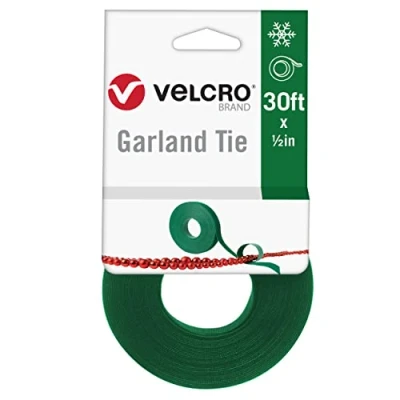 Image of VELCRO Brand Holiday Garland Ties or Cable Straps Hang Garlands, Lights Wreath for Banister, Railings, Stairs Lamp Posts 30ft Roll Cut to Custom Length Green