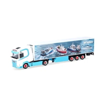Image of herpa 317955 Truck Model DAF XG+ Refrigerated Box Semi Trailer Vebatrans (Netherlands/Urk), Miniature in 1:87 Scale, Collector&#039;s Item, Made Germany, Plastic, Blue, White