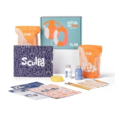 Image of Sculpd Pottery Starter Kit Complete Air Dry Clay Beginner Set for 2 Adults: Includes Sculpting Tools, Matte Varnish, Paint Brushes, Guide, Video Tutorials &amp; More Date Night Gift, Arts Crafts Hobby