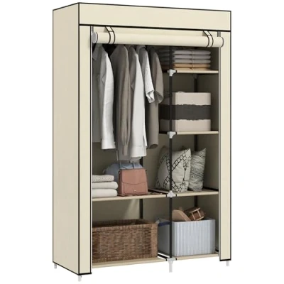 Image of HOMCOM Fabric Wardrobe, Portable Wardrobe with 6 Shelves, 1 Hanging Rail, Foldable Closets, 103 x 43 162.5 cm, Cream White