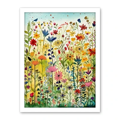 Image of Artery8 Mixed Wildflower Bloom In Meadow Folk Art Artwork Framed Wall Print 18X24 Inch