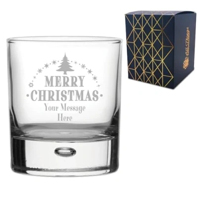 Image of Personalised Engraved Novelty Christmas Bubble Whisky Tumbler Glass with Merry Tree Design, Customise Any Name or Message, Gift Box Included, Laser