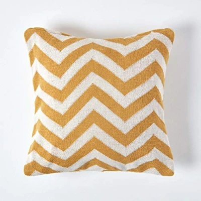 Image of HOMESCAPES Mustard Knitted Cushion Cover Geometric Pattern Cotton Super Soft Handwoven Dark Yellow and Off White 100% Chevron Herringbone Square Cushion, 45 x cm