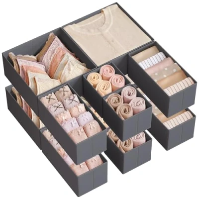 Image of SONGMICS Drawer Organisers, Dresser Dividers, Set of 12, Foldable Fabric Storage Boxes for Socks, Underwear, Bras, Ties, Scarves, Slate Grey RDZ006G03