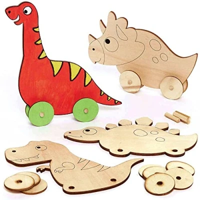 Image of Baker Ross FC830 Dinosaur Wooden Racer Kits Pack of 4, Kids Party Bag Craft, Racing Wood Craft Toys for