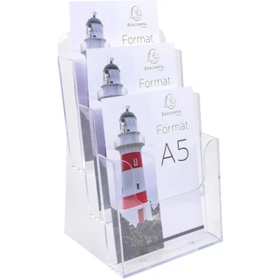 Image of Exacompta Ref. 75158D 1 flyer dispenser on table 3 compartments Monobloc Dimensions: Prof. 18.1 x width. 15.4 Height. 28 cm Format to file A5 Crystal