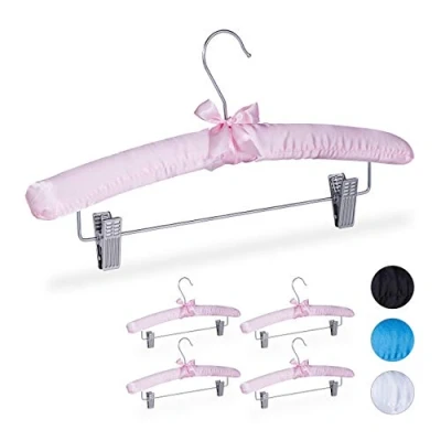 Image of Relaxdays Satin Hangers Set of 5 Padded Vintage Adjustable Clips Swivel Hook 38cm Wide Pink