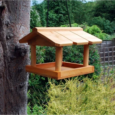 Image of Hanging Wooden Garden Bird Seed Feeder Table with Roof