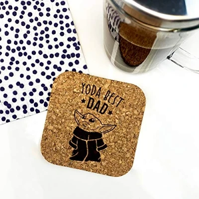 Image of eBuyGB Personalised Square Cork Coaster, Eco Friendly Engraved Baby Yoda Star Wars Themed Drinks Mat, Funny Gifts for Dad from Daughter, Son (Yoda Best Dad)