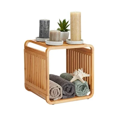Image of Relaxdays Bamboo Shelf, Rounded Slim Bathroom Rack with Tiers, Square, Natural, HWD: 33x33x33 cm
