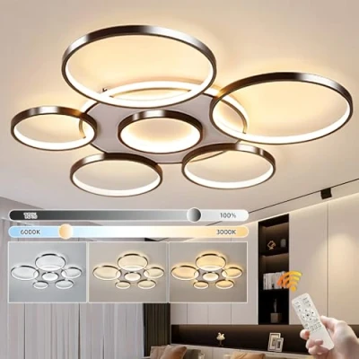 Image of YYUTLUO Modern LED Ceiling Light, Ø110cm Black Multi Circle Lamp, 120W Stepless Dimmable 3000 6000K, Round Metal + Acrylic Chandelier, Bedroom Living Children Office Study Kitchen Hallway (7 Ring)