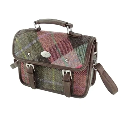 Image of Glen Appin Harris Tweed Bervie Mini Satchel Bag With Adjustable &amp; Removable Shoulder Strap (Colour 137 Green Pink Tartan)