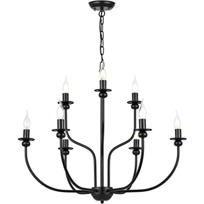 Image of qudkdhs Modern Chandelier 2 Tier 9 Candle Dining Room Chandelier, Matte Black Farmhouse Pendant Lamp, Rustic Ceiling Hanging Light Fixture for Room, Living Kitchen Island, Bedroom, Foye