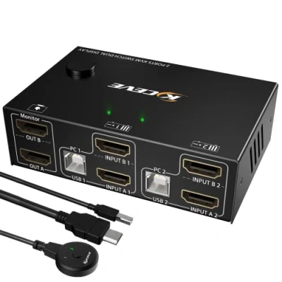 Image of Dual Monitor KVM Switch HDMI 2 Port 4K@60Hz, MLEEDA USB Extended Display Switcher for Computers Share Monitors and 4 2.0 Hub,Desktop Controller Cables Included