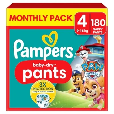 Image of Pampers Baby Dry Nappy Pants Paw Patrol Edition Size 4, 180 Nappies, 9kg 15kg, with Our 360 Fit to Help Prevent Leaks
