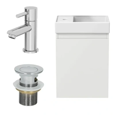Image of Artis® 400mm Bathroom Vanity Unit Ceramic Wash Sink Wall Hung Storage Cabinet Reversible Soft Close Cupboard &amp; Malmo Basin Mixer Tap Waste Set, White Gloss
