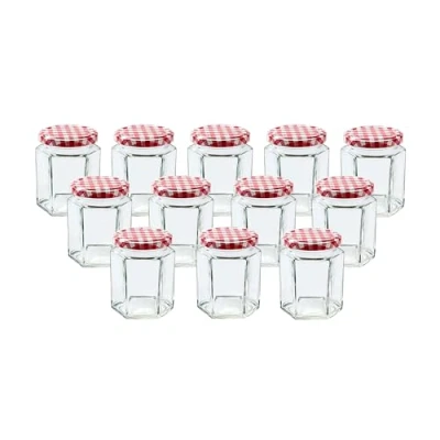 Image of Lucenté 12PC Glass Jam Jars Preserve Pots Pickle with Airtight RED Gingham Screw Top Lids 280ml
