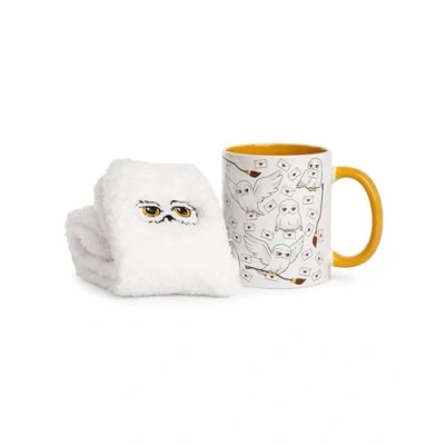 Image of Harry Potter Womens Mug and Sock Set Adults Hedwig Snow Owl Graphic Print Calf Socks &amp; Ceramic in White Ladies Nimbus 2000 Broomstick Letter Hot Drinks Wizard Movie Merchandise Gift