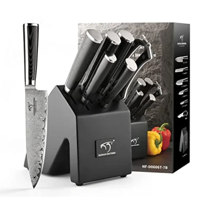 Image of Professional Knife Damascus Block Wood Set of 7 with Handle Knives Kitchen Chef&#039;s Stainless Steel, Sharp