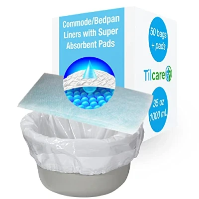 Image of Commode Liners with Super Absorbent Pads Pack of 50 by Tilcare for Bedpans, Portable Toilets &amp; Bedside Chairs Disposable Bucket Hospital, Home Absorb up to 35 oz /1000ml