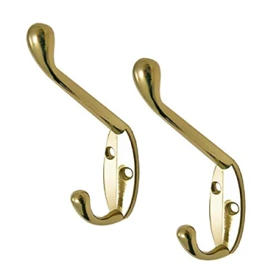 Image of 4 x Polished Brass Metal Double Hat &amp; Coat Hooks, Door Wall Robe Dress Hangers
