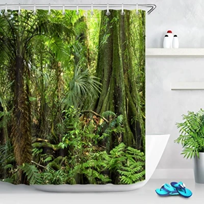 Image of LB Green Forest Shower Curtain Tropical Palm Tree in Jungle Set Plant with Leaf Curtains for Bathroom Wet Room Waterproof Anti Mould Fabric Bath Hooks,59x71 inch