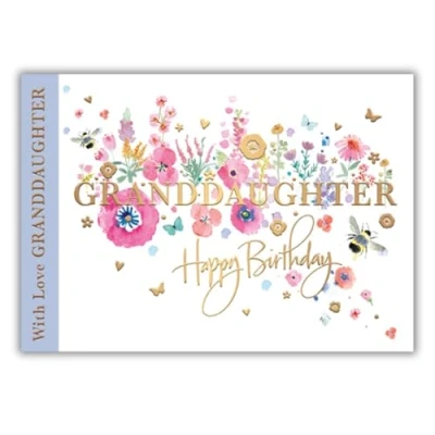 Image of Words &#039;n&#039; Wishes Granddaughter Female Birthday Card for Women/Girls Bumblebees, Poppies &amp; Floral Meadow with Embossed Gold Foil Eco Friendly