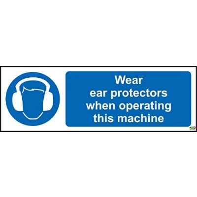 Image of Wear Ear Protectors When Operating Machine Landscape Safety Sign Self Adhesive Sticker 150mm x 50mm