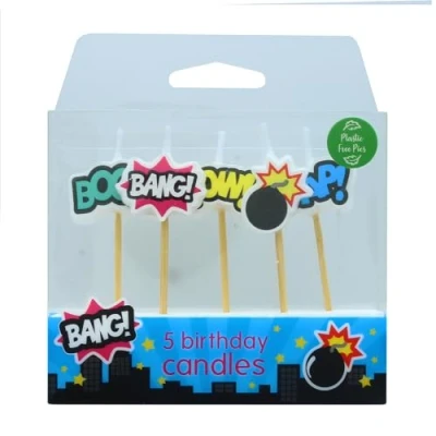 Image of Baked With Love Superhero Cake Candles, 5 Bright Comic Book Birthday Celebration Decorations, Plastic Free Pic Pack of Candles