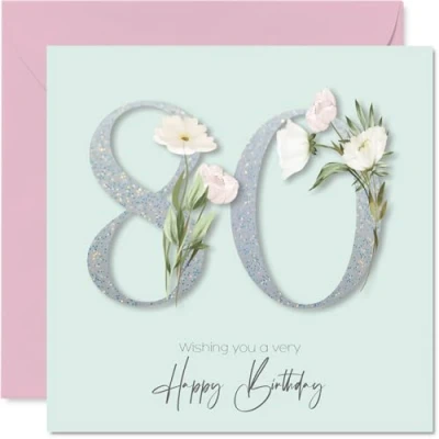 Image of 80th Birthday Cards for Women Fancy Floral Flowers Happy Card 80 Year Old Woman Grandma Nanny Auntie Nana, 145mm Bday Greeting