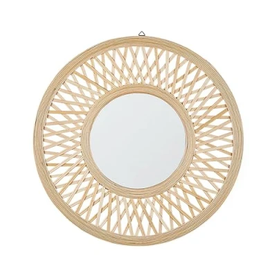 Image of Round Wall Mirror Light Wood Bamboo Frame 60 cm Geometric Pattern Bacata
