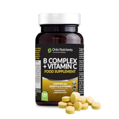 Image of Only Nutrients B Complex + Vitamin C 180 Tablets All 8 Vitamins B1 B2 B3 B5 B6 B12, Biotin, Folic Acid, Enhanced for Energy, Immune &amp; Nervous System Support GMP Approved UK Made