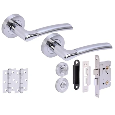 Image of HANDLEZONE® Columba Premium Door Handles on Rose Bathroom Lock Pack with 75mm Ball Bearing Hinges and 76mm Dual Polished/Satin Chrome