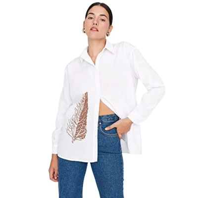 Image of Trendyol Women&#039;s Woman Regular Standard Collar Woven Shirt, Ecru, 38 UK