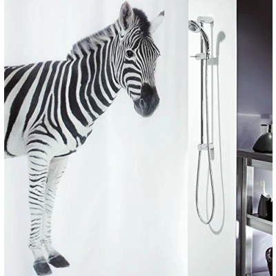 Image of Spirella Zebra Black Textile Shower Curtain 100 % Polyester White 180 cm x 200