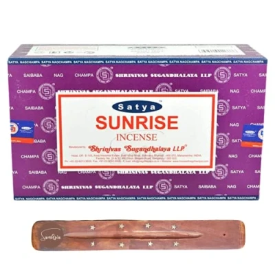 Image of Satya Nag Champa Sunrise incense sticks x12 pack with SAMASIA holder Used for Suomatherapy, Spa, Yoga, Weddings, Meditation, Healing, Positivity and Relaxation