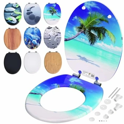Image of CASARIA® Beach Design Double Soft Close Toilet Seat MDF Wood Core Hygienic Stainless Steel Hinges 175kg Capacity Wooden Bathroom Standard D Shape Slow Top Lid Seats